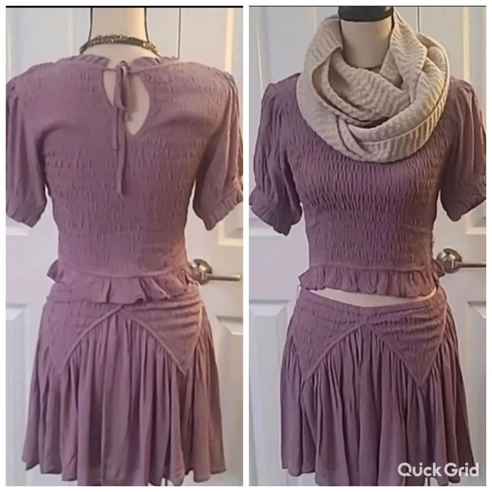 Lavendar Matching Set  Smocked Top Skirt Feminine Frilly Boho Outfit